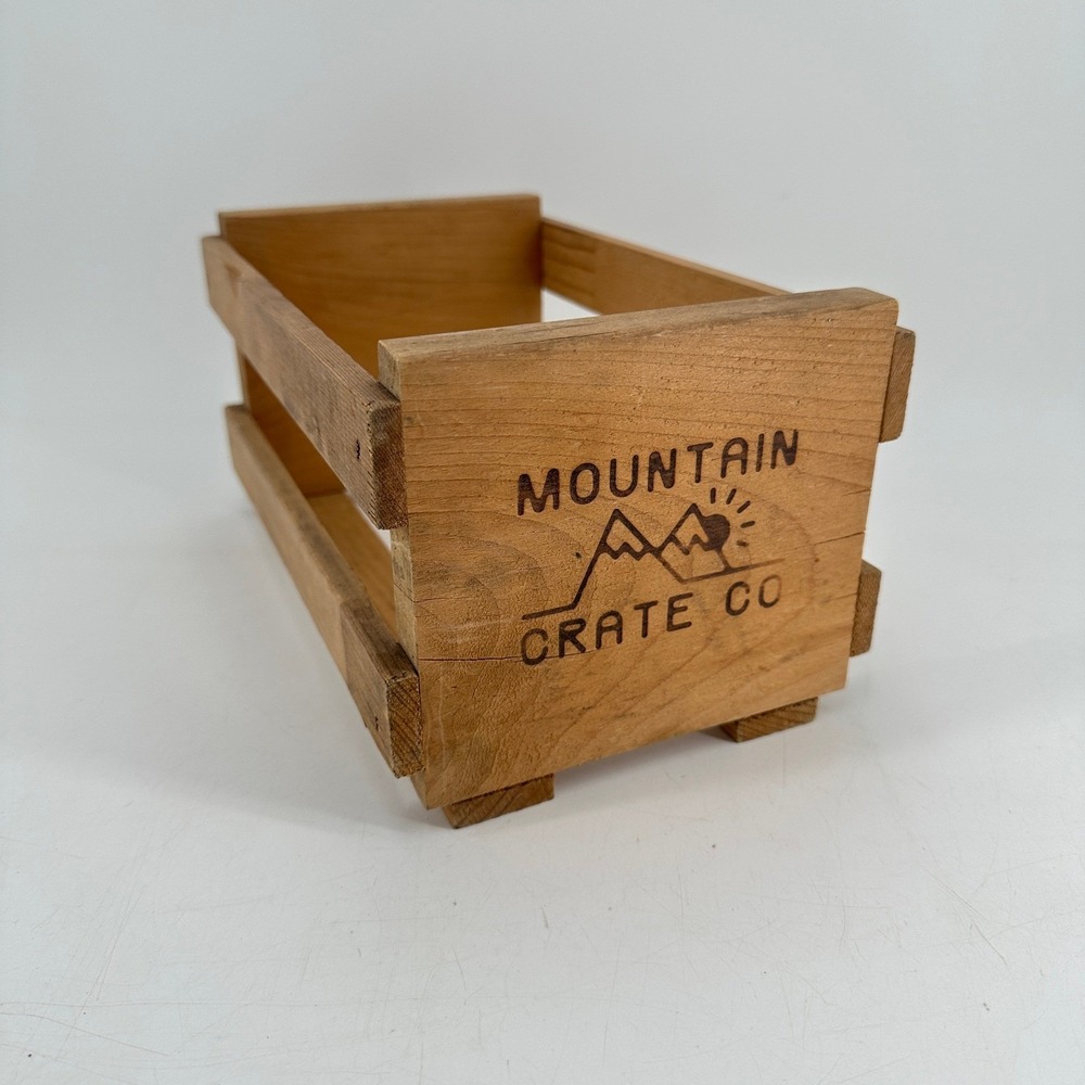 Mountain Crate Co Small Wooden Storage Crate Rustic Brown Mountain Sun Logo